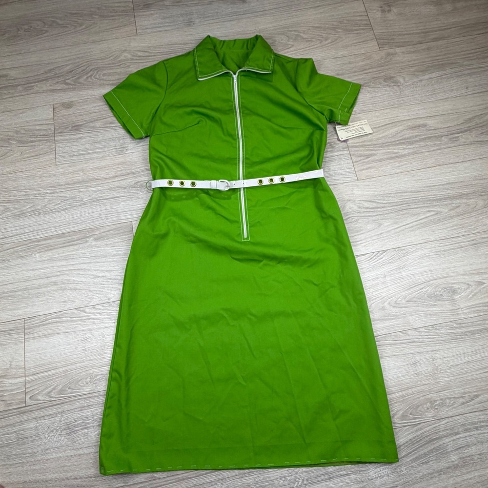 Vintage Holly Hill Lime Green Zip Front Belted Dress Klopman‎ 70s Mod Women 16.5